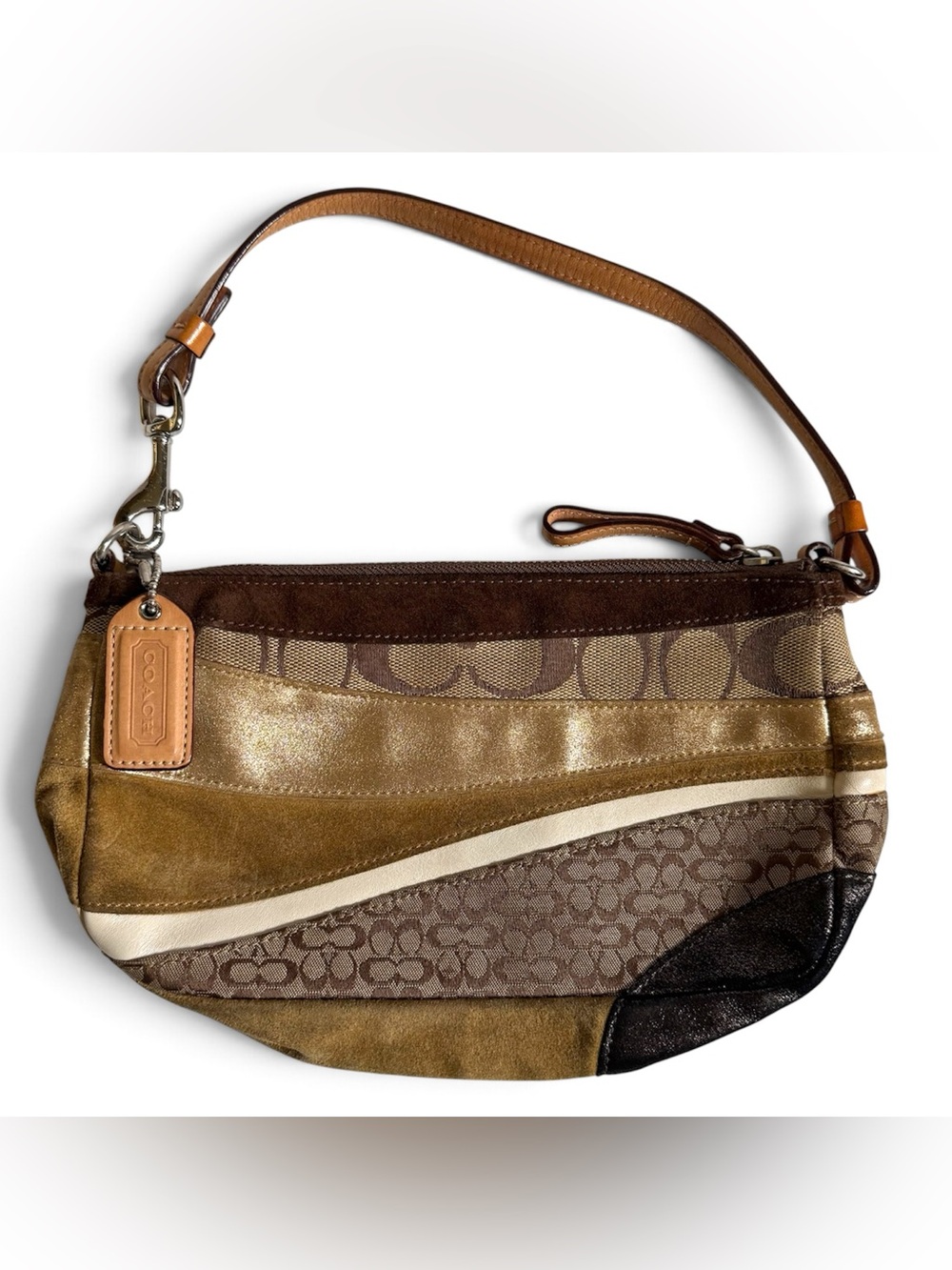 Vtg Y2K Coach Wave Patchwork Demi Baguette Mini Shoulder Bag Brown Gold 1439